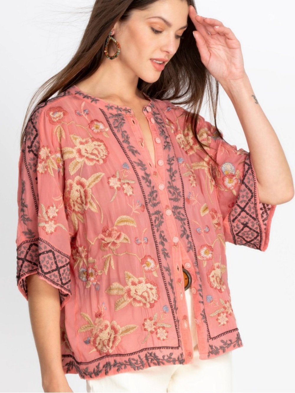 Johnny Was Mulane Blouse in Coral Sunset xs